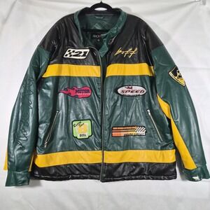 Vintage BOFF Racing Moto Jacket XXL Green Yellow Motorcycle Faux Leather...